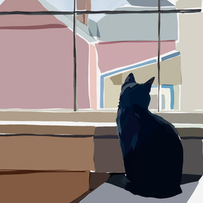 Black cat sitting in a sunlit window, gazing out at pastel-colored buildings with an air of contemplation; a digital illustration by Emily Kalina capturing a quiet moment of feline stillness.