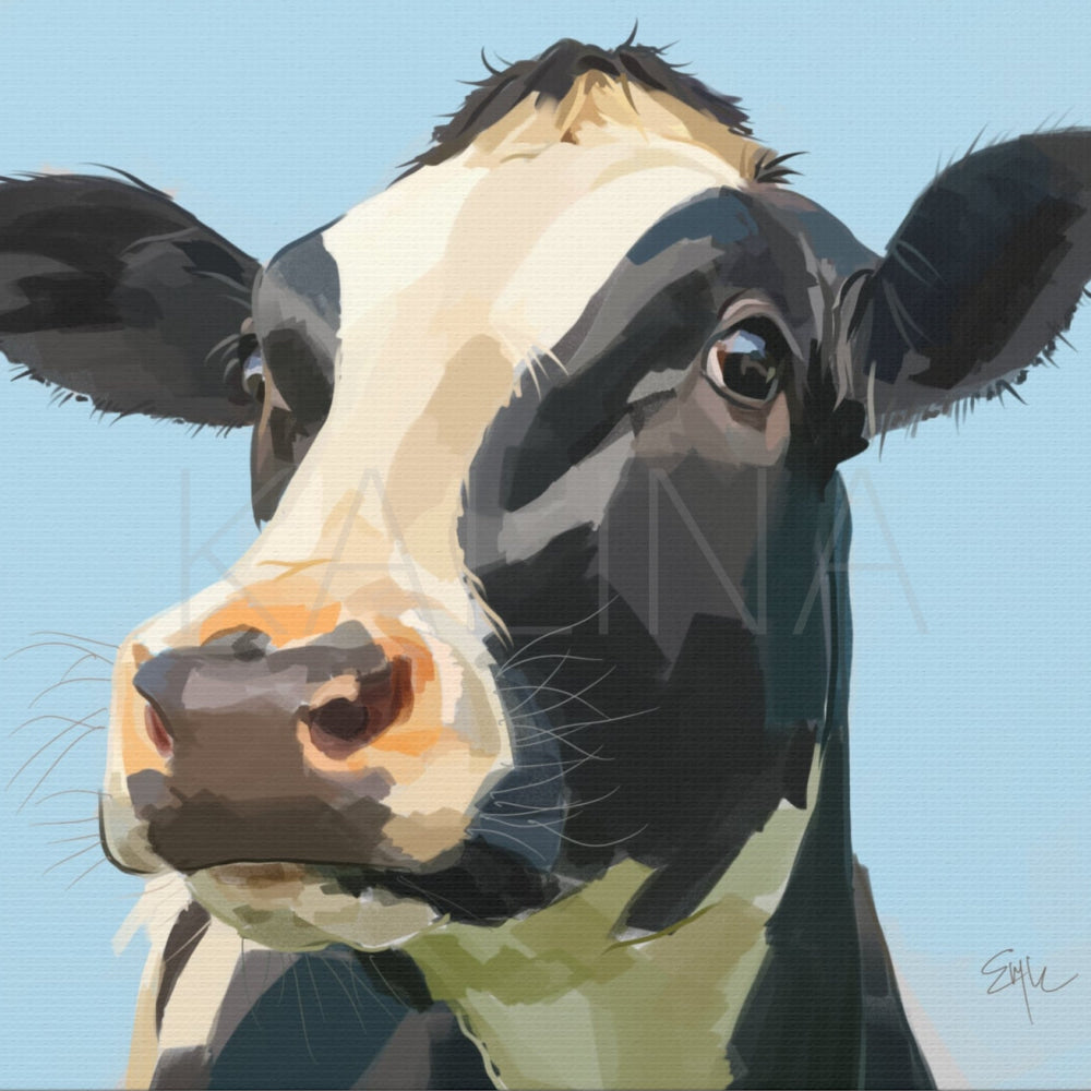 Painting of a cow's face with a blue sky background