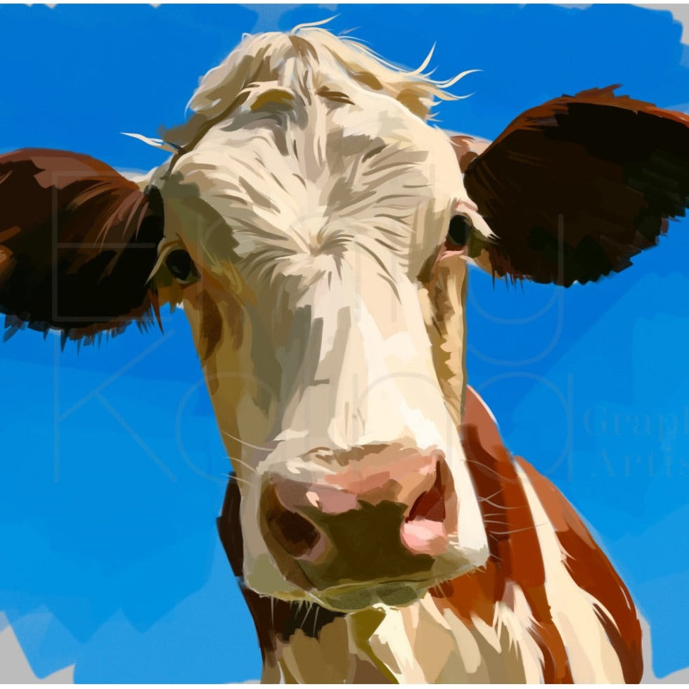 Digital painting of a light brown and white cow with soulful brown eyes, set against a vivid blue sky. The expression is peaceful and curious, with expressive brushwork giving Casper a warm, storybook charm.