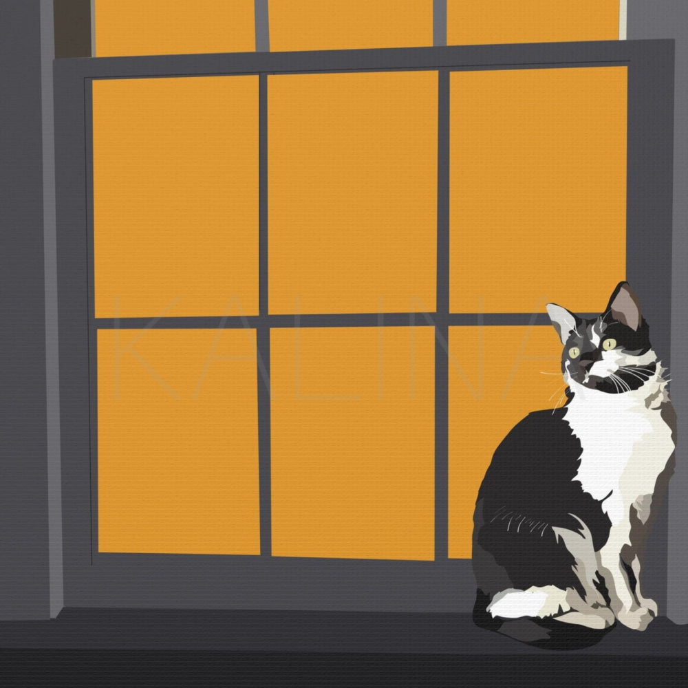 Cat sitting on a windowsill with orange panes and gray frame