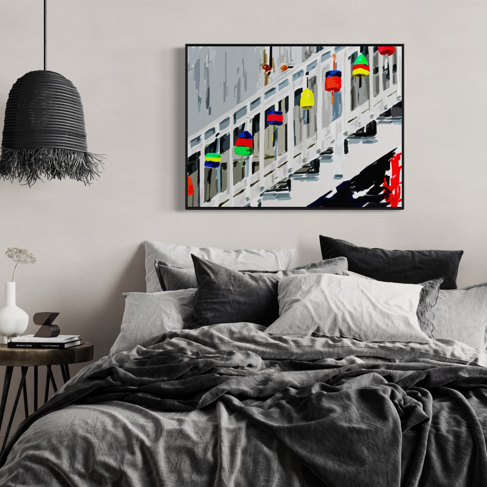Bedroom with abstract art on the wall, plant, and side table.