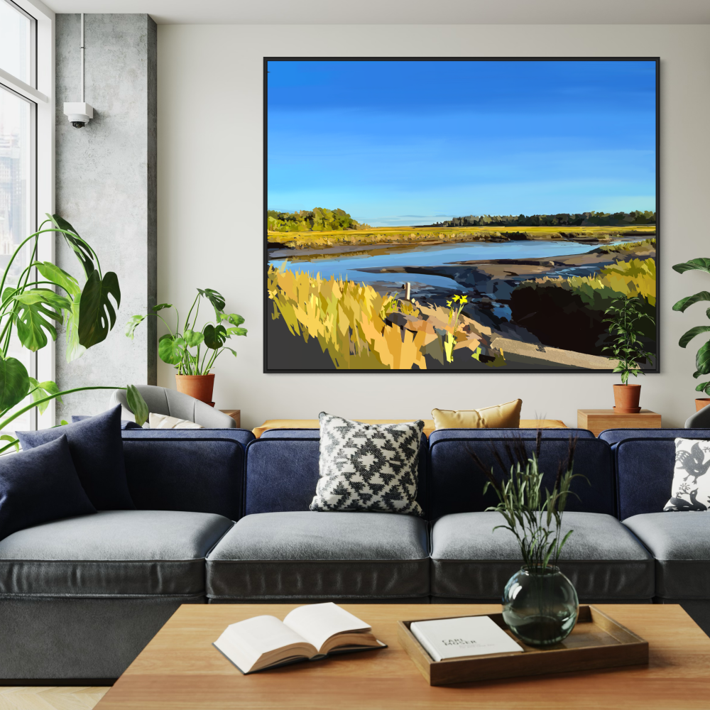 Landscape painting of a marsh with water, grass, and trees under a blue sky.
