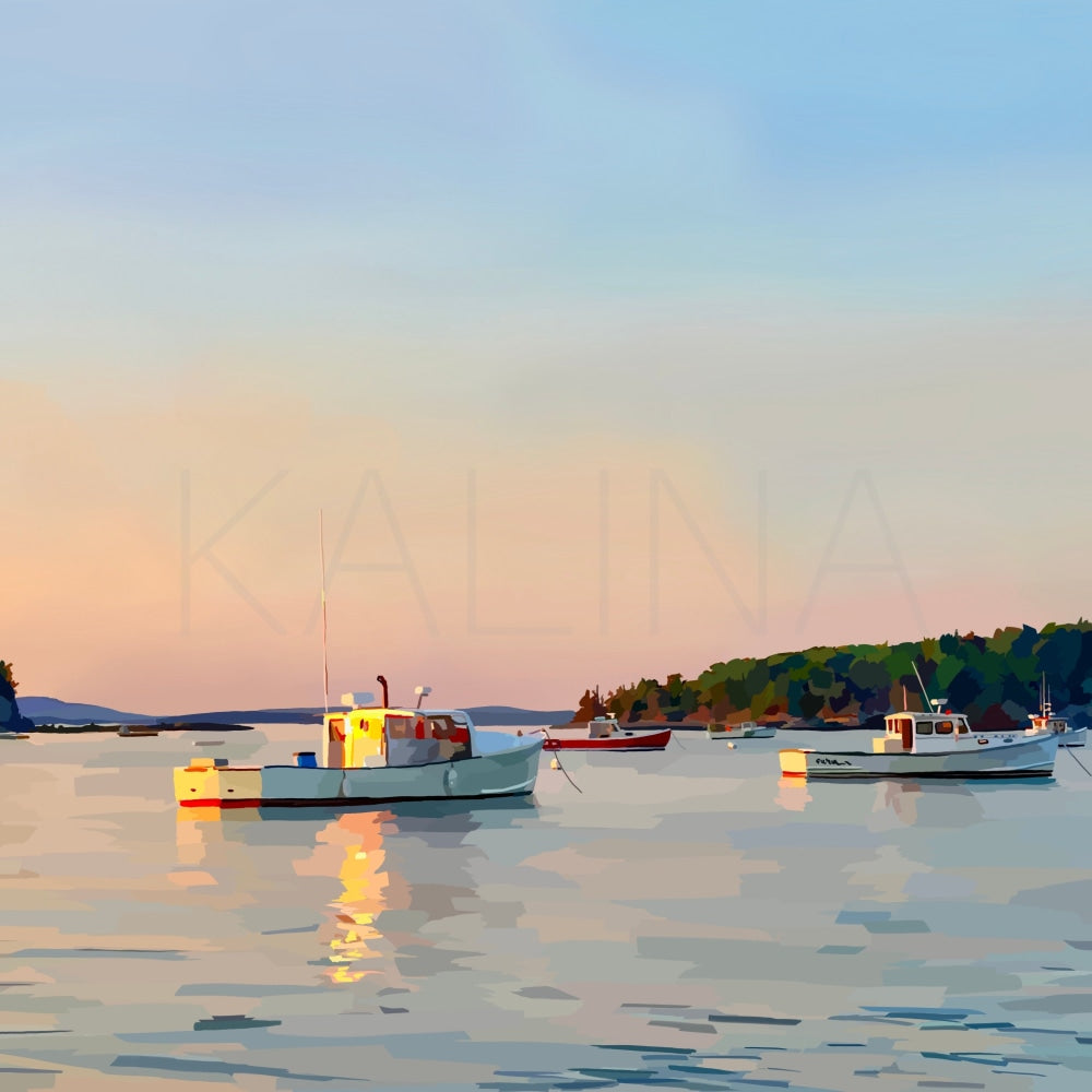 Digital painting of sailboats moored in a still harbor at sunset, bathed in golden and peach tones with reflections dancing across the water.
