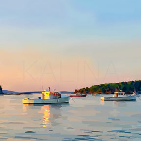 Digital painting of sailboats moored in a still harbor at sunset, bathed in golden and peach tones with reflections dancing across the water.