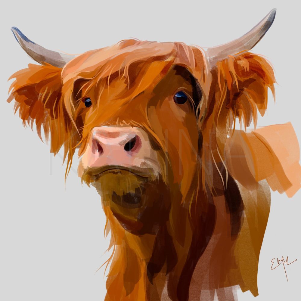 Minimalist digital painting of a Highland cow with long shaggy red hair and soulful eyes, gazing softly toward the viewer. His tousled bangs and gentle expression capture a relaxed, rustic charm against a soft gray background.