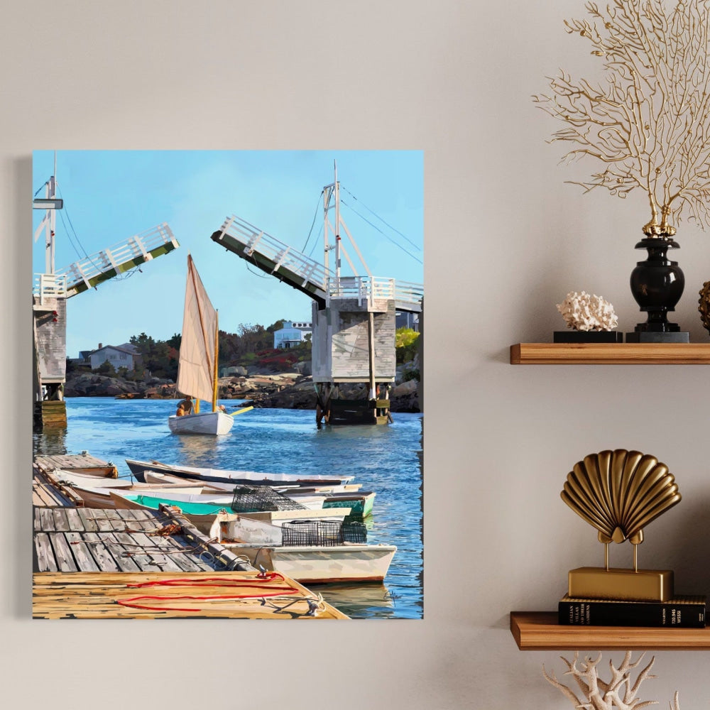 Canvas print of a harbor scene with boats and a bridge, displayed on a wall above a shelf.