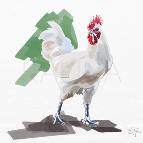 Illustration of a rooster with a green tree in the background on a white card.