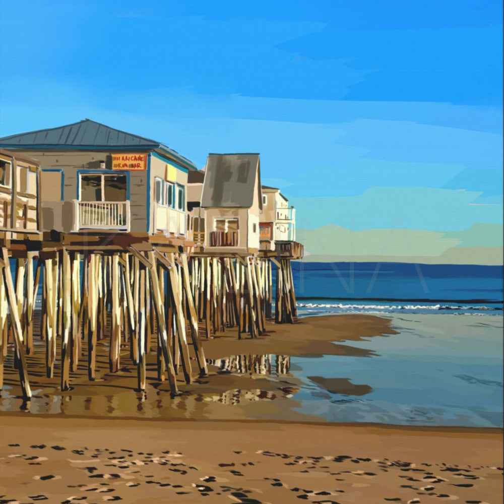Beach scene with houses on stilts over the water