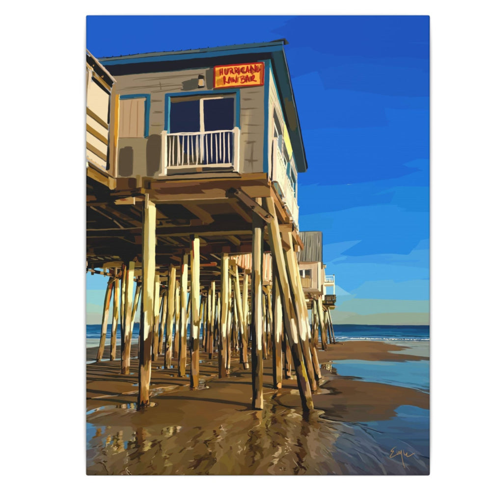 Painting of a beach house on stilts with a clear blue sky.
