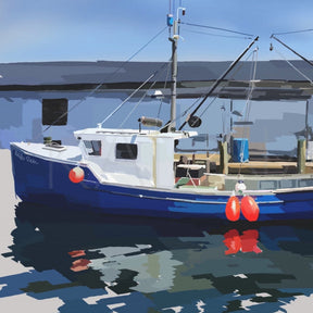 Painting of a blue fishing boat docked at a pier with red buoys.