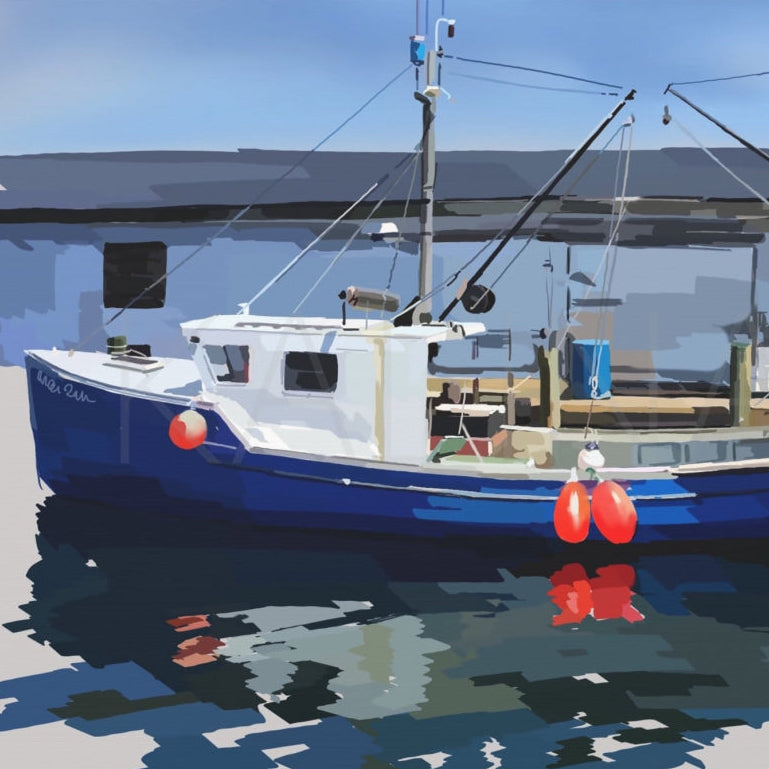 Painting of a blue fishing boat docked at a pier with red buoys.