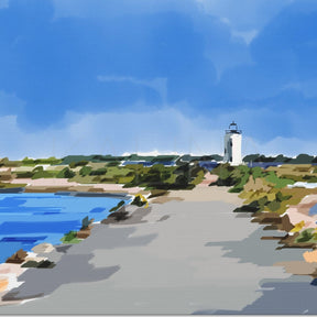 Painting of a lighthouse by a body of water with a clear blue sky.