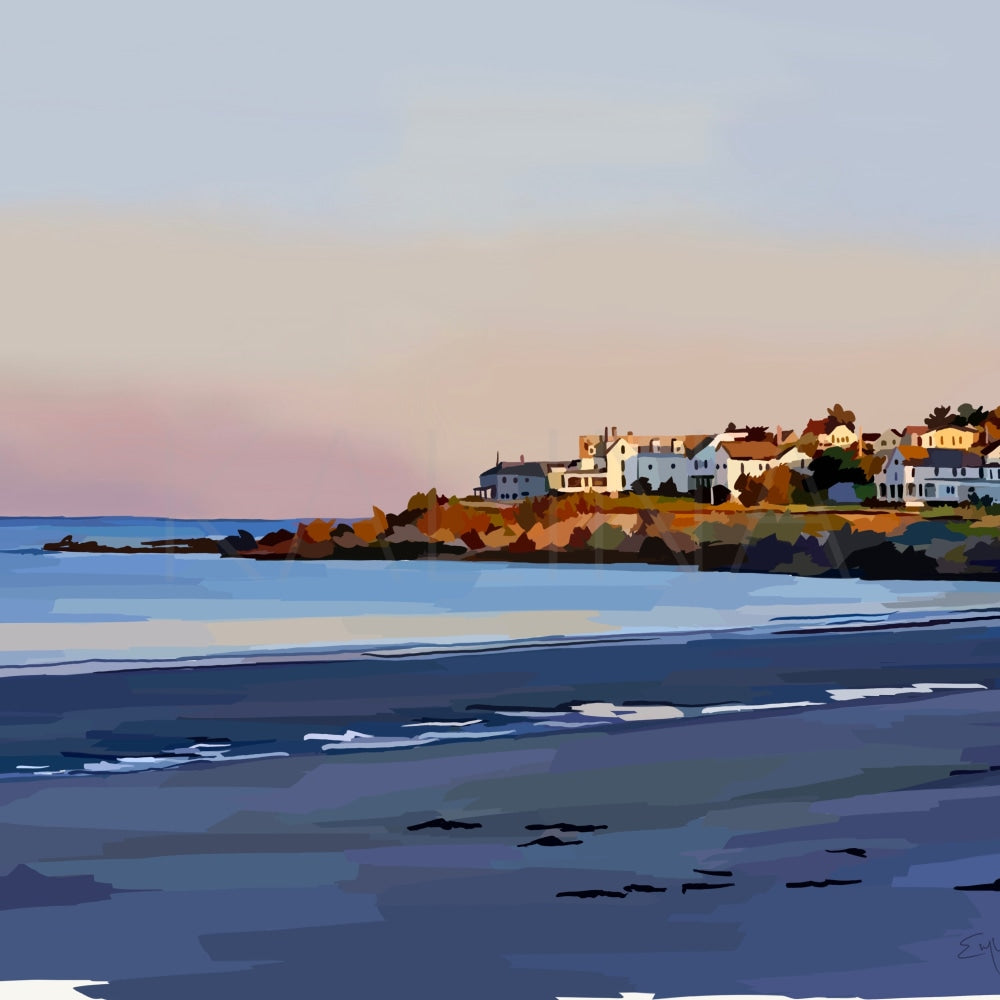 Digital painting of a coastal sunset over York, Maine, with vibrant pinks and blues reflecting off the water and shoreline houses glowing in the fading light. Simplified brushstrokes convey a peaceful evening mood.
