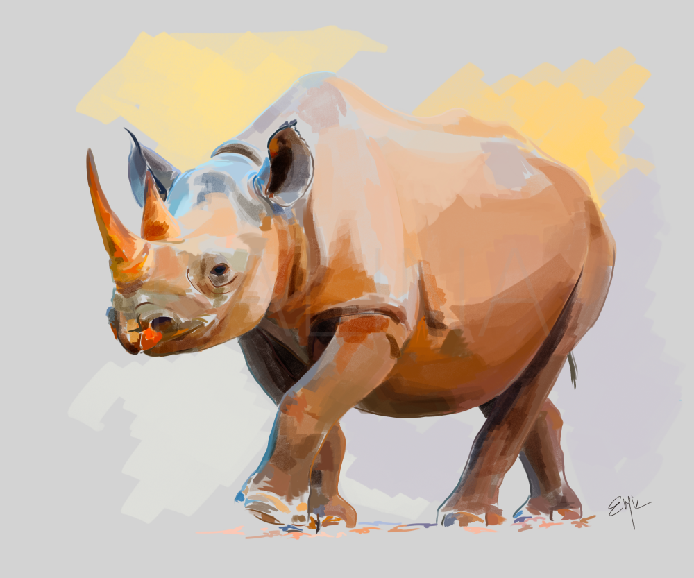 Framed sketch-style rhinoceros in vivid orange, ochre, and purple tones, standing against a soft gray background with yellow accents.