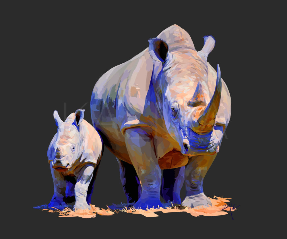 Digital painting of two rhinoceroses in motion — one large adult and one smaller beside it — set against a dark background with vivid purple and gold tones. Captures the animals’ grace and power in a bold, modern style.