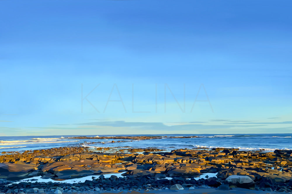 Digital painting of a coastal view in Rye, New Hampshire, with rocky shoreline in the foreground and blue ocean under a clear evening sky.