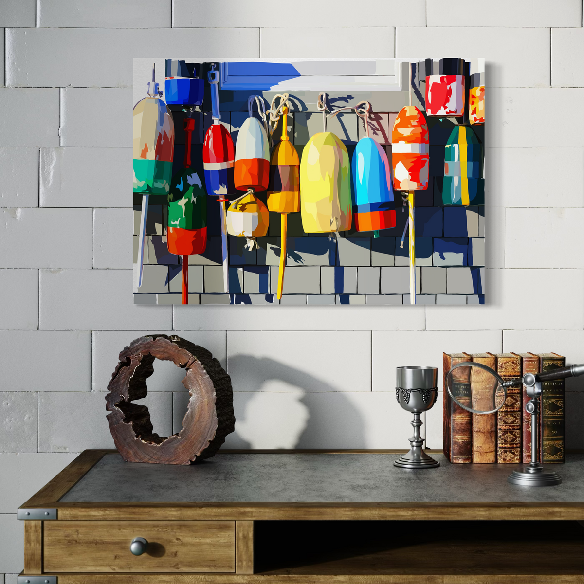 Colorful buoy painting on a wall above a wooden shelf with decorative items.