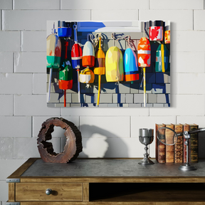 Colorful buoy painting on a wall above a wooden shelf with decorative items.