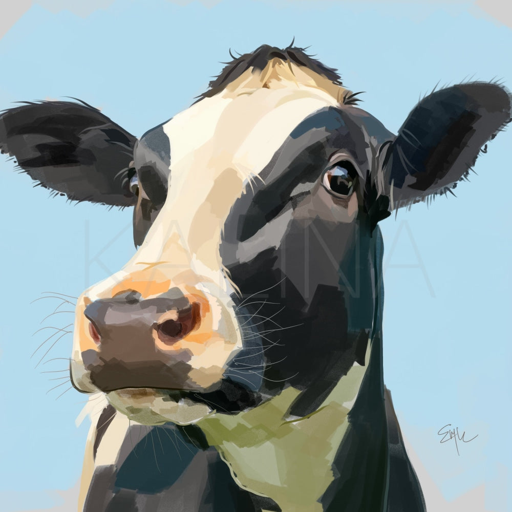 Digital painting of a black and white cow named Tommy, gazing forward with wide, curious eyes. Set against a clear blue sky with bold, expressive brushstrokes that capture movement and personality.