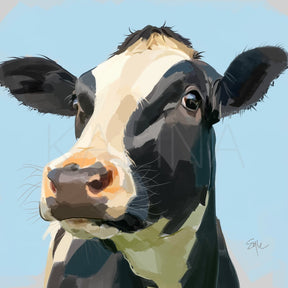 Digital painting of a black and white cow named Tommy, gazing forward with wide, curious eyes. Set against a clear blue sky with bold, expressive brushstrokes that capture movement and personality.