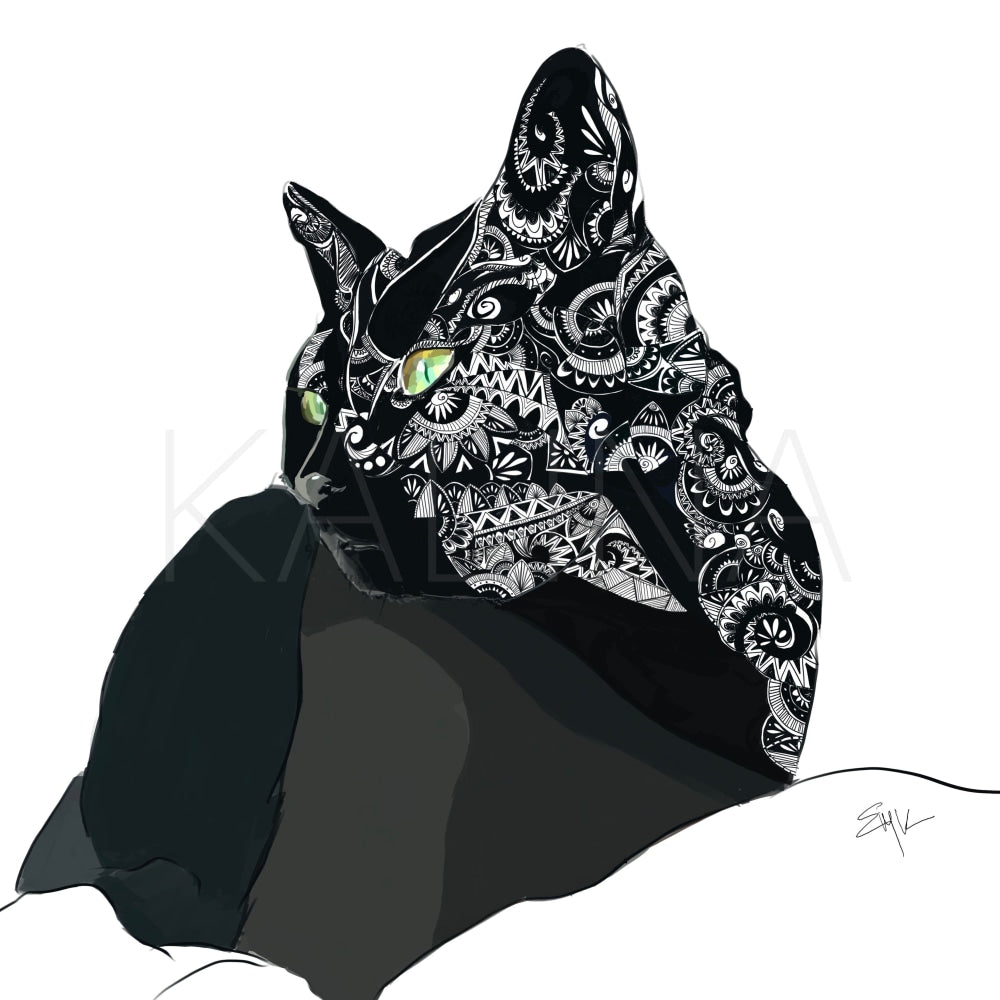 Intricate black-and-white Zentangle-style illustration of a black cat with vivid green eyes, sitting calmly with decorative patterns covering his face and ears.