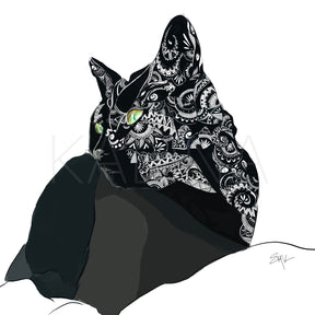 Intricate black-and-white Zentangle-style illustration of a black cat with vivid green eyes, sitting calmly with decorative patterns covering his face and ears.