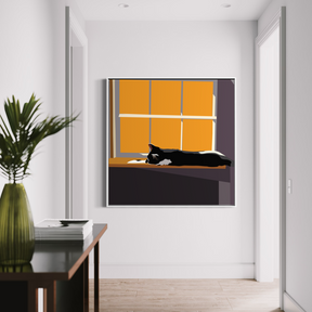 Modern interior with a cat painting on the wall, a vase with a plant, and a table.