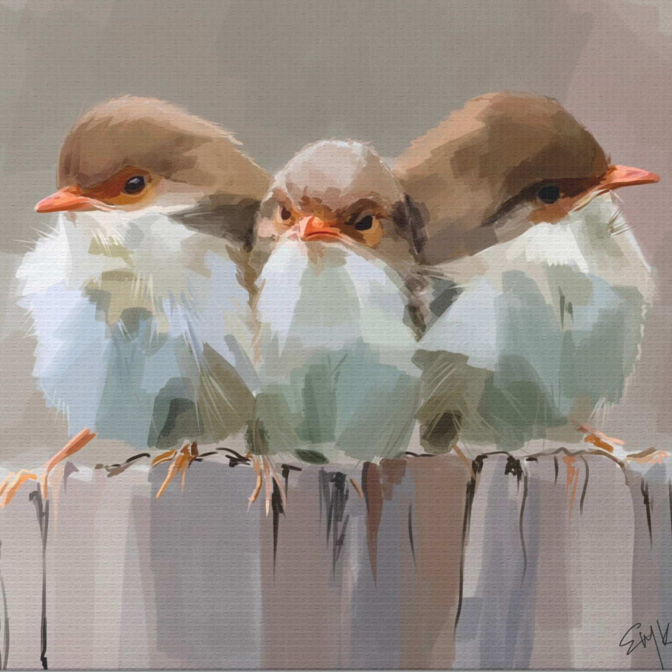 Original illustration of three birds on a branch with a soft, blurred background