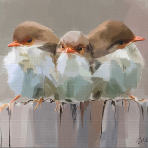 Original illustration of three birds on a branch with a soft, blurred background