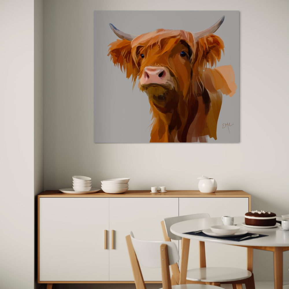 Dining room with a cow painting on the wall