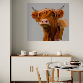 Dining room with a cow painting on the wall