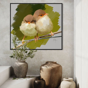 Framed artwork of two birds on a branch with decorative vases below.