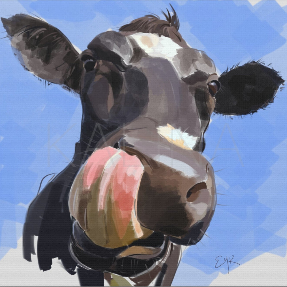 Painting of a cow's face with a blue and white abstract background