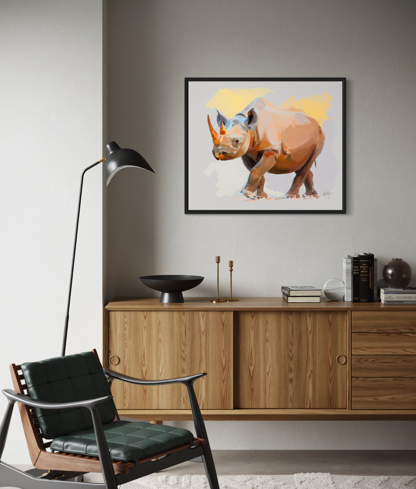 Framed sketch-style rhinoceros in vivid orange, ochre, and purple tones, standing against a soft gray background with yellow accents.