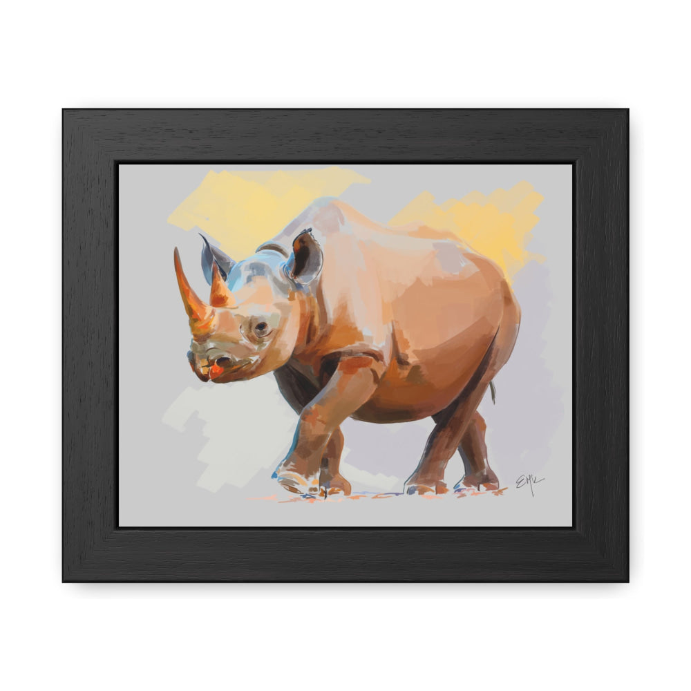 Framed sketch-style rhinoceros in vivid orange, ochre, and purple tones, standing against a soft gray background with yellow accents.