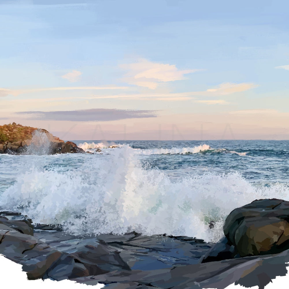 Crashing ocean waves against coastal rocks under a pale blue sky, rendered in bold digital brush strokes with dynamic movement and splash.