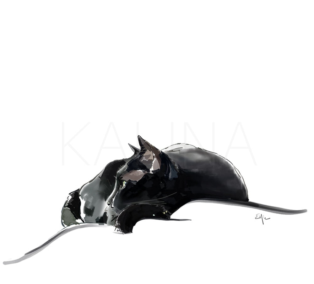 Minimalist digital painting of a black cat stretched out in deep sleep, chin resting on one paw and tail trailing off the page. A quiet ode to relaxation, captured with soft strokes and stark white negative space.