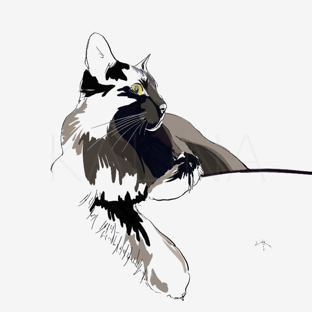 Minimalist digital illustration of a black cat sitting upright with elegant posture, one paw stretched forward, yellow eyes alert, drawn with expressive black ink lines and soft neutral tones on a white background.