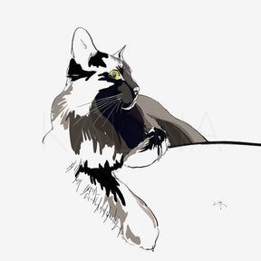 Minimalist digital illustration of a black cat sitting upright with elegant posture, one paw stretched forward, yellow eyes alert, drawn with expressive black ink lines and soft neutral tones on a white background.