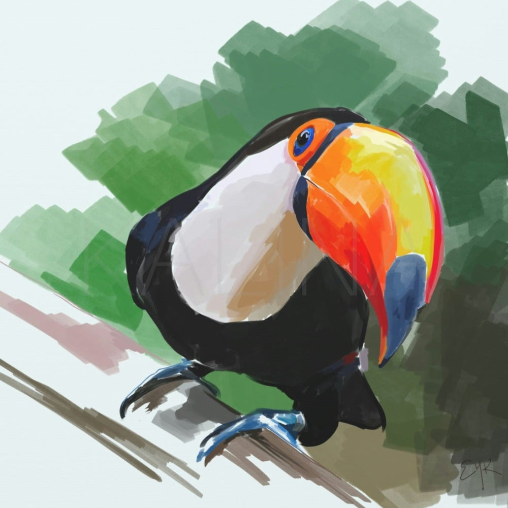 Digital painting of a colorful toucan perched on a branch, featuring a bold orange and yellow beak, blue feet, and green background foliage.