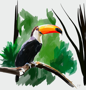 Digital painting of a toucan with a bright orange beak, perched on a branch with jungle foliage in the background.