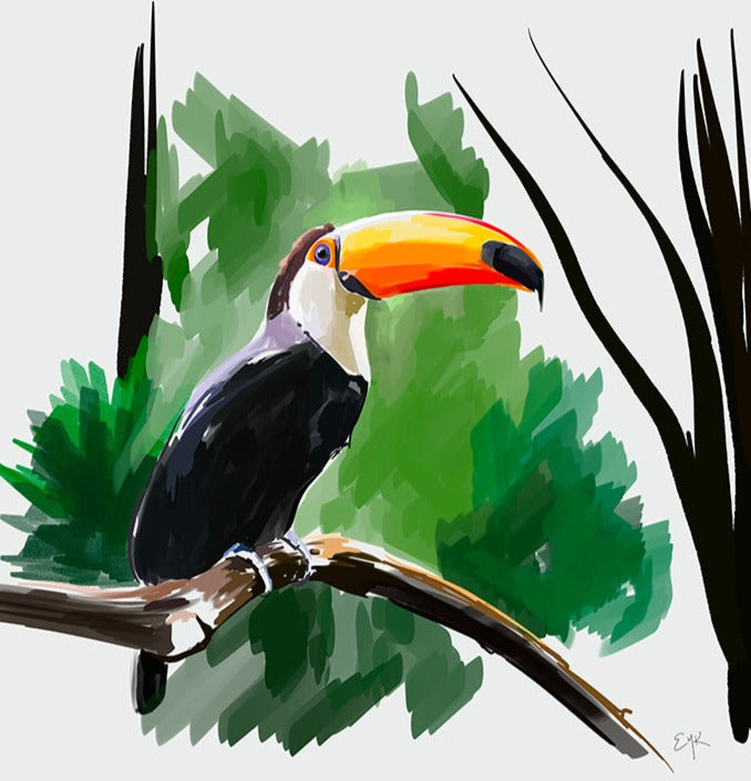 Digital painting of a toucan with a bright orange beak, perched on a branch with jungle foliage in the background.