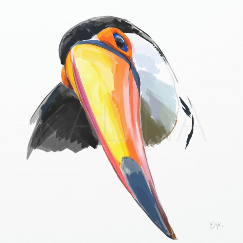 Digital painting of a colorful toucan with a cocked head and vibrant beak, set against a soft neutral background.