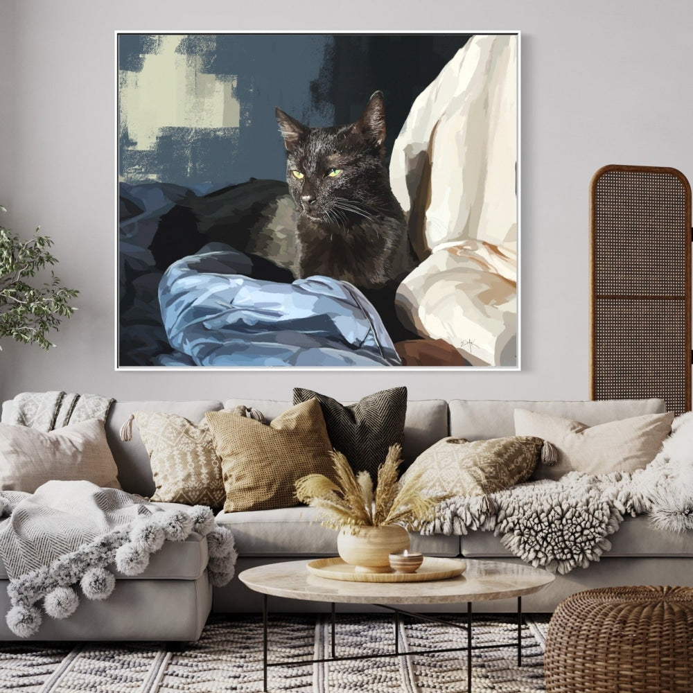 Black cat basking in sunlight on a rumpled bed, against a textured wall of shadows.