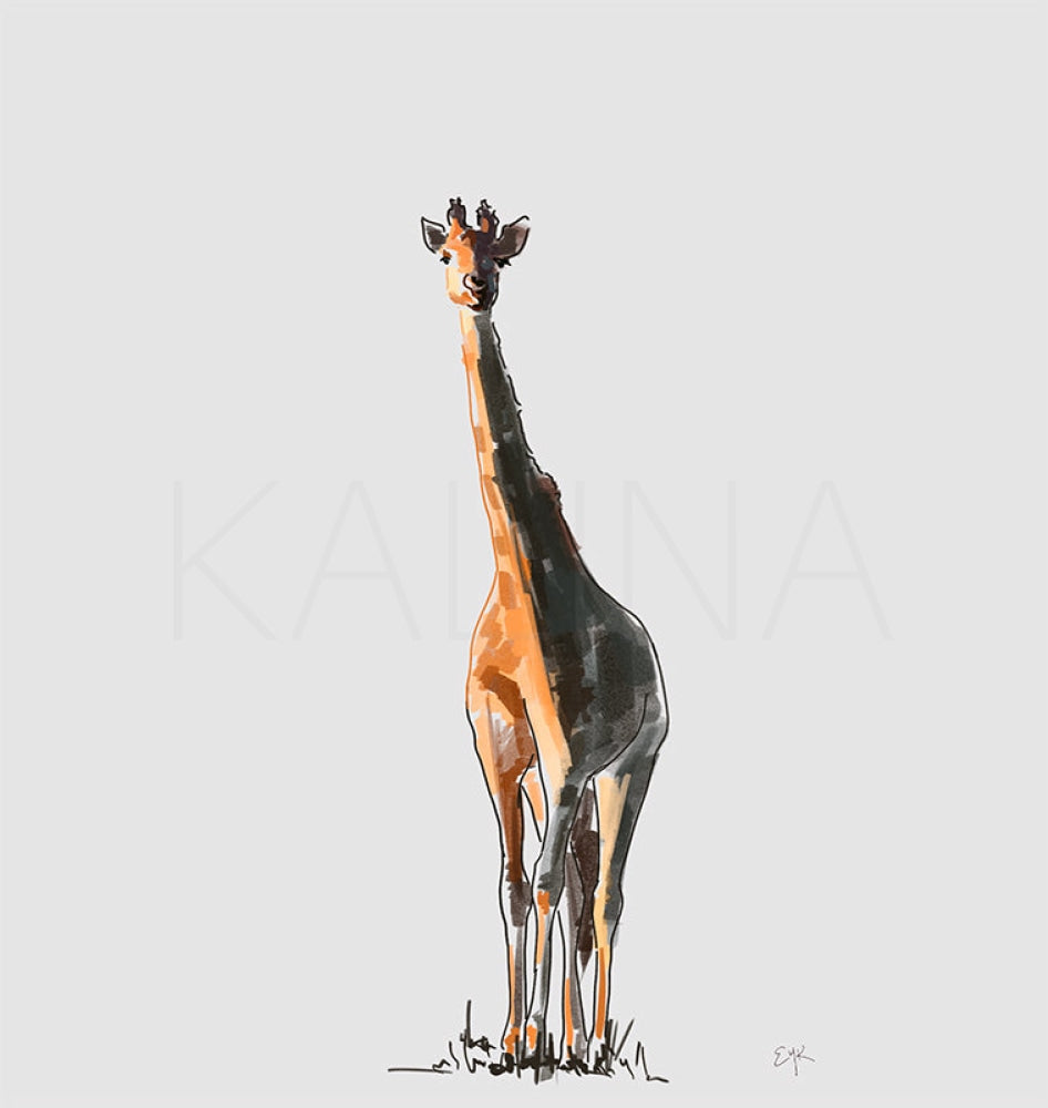 Minimalist digital illustration of a giraffe in warm orange and black tones standing tall on a white background.
