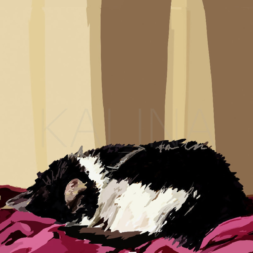 Digital illustration of a black and white cat fully faceplanted into a magenta blanket, mid-nap, limbs tucked under her, fur fluffed, embodying total nap commitment.