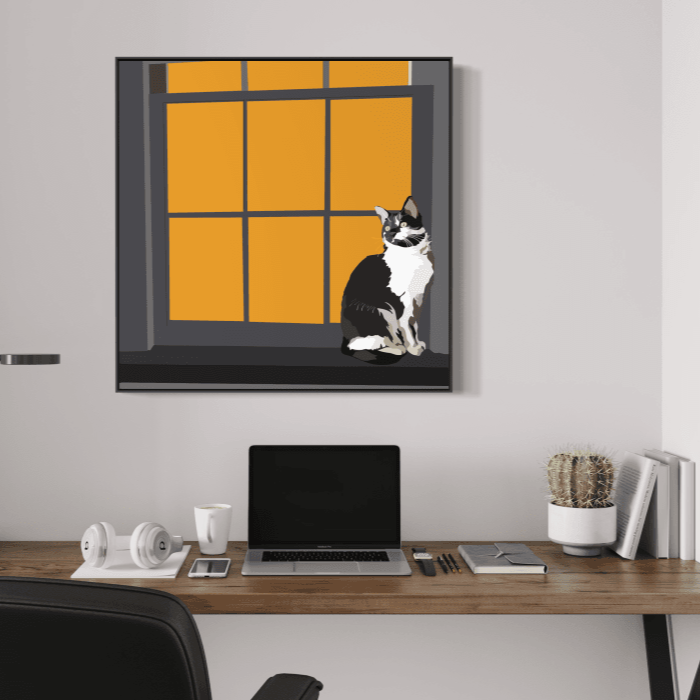 Minimalist digital illustration of a black and white cat sitting at a window, surrounded by deep orange light and clean modern lines, gazing out with calm focus.