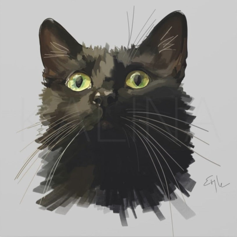 Digital painting of a black cat with piercing green eyes, staring directly with intensity and curiosity.