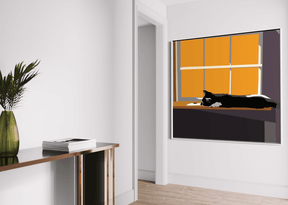 Digital illustration of a black and white cat sprawled across a windowsill, backlit by bold orange windowpanes, basking in late-afternoon light.