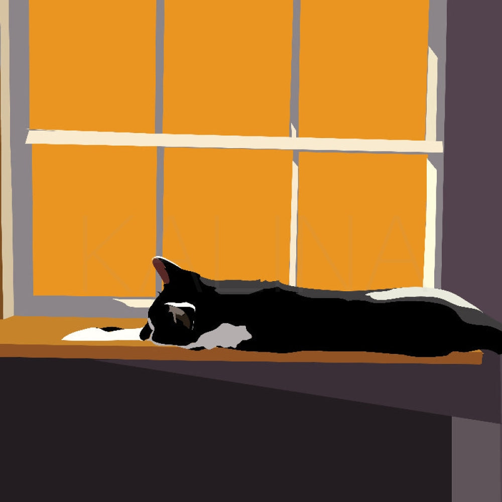 Digital illustration of a black and white cat sprawled across a windowsill, backlit by bold orange windowpanes, basking in late-afternoon light.